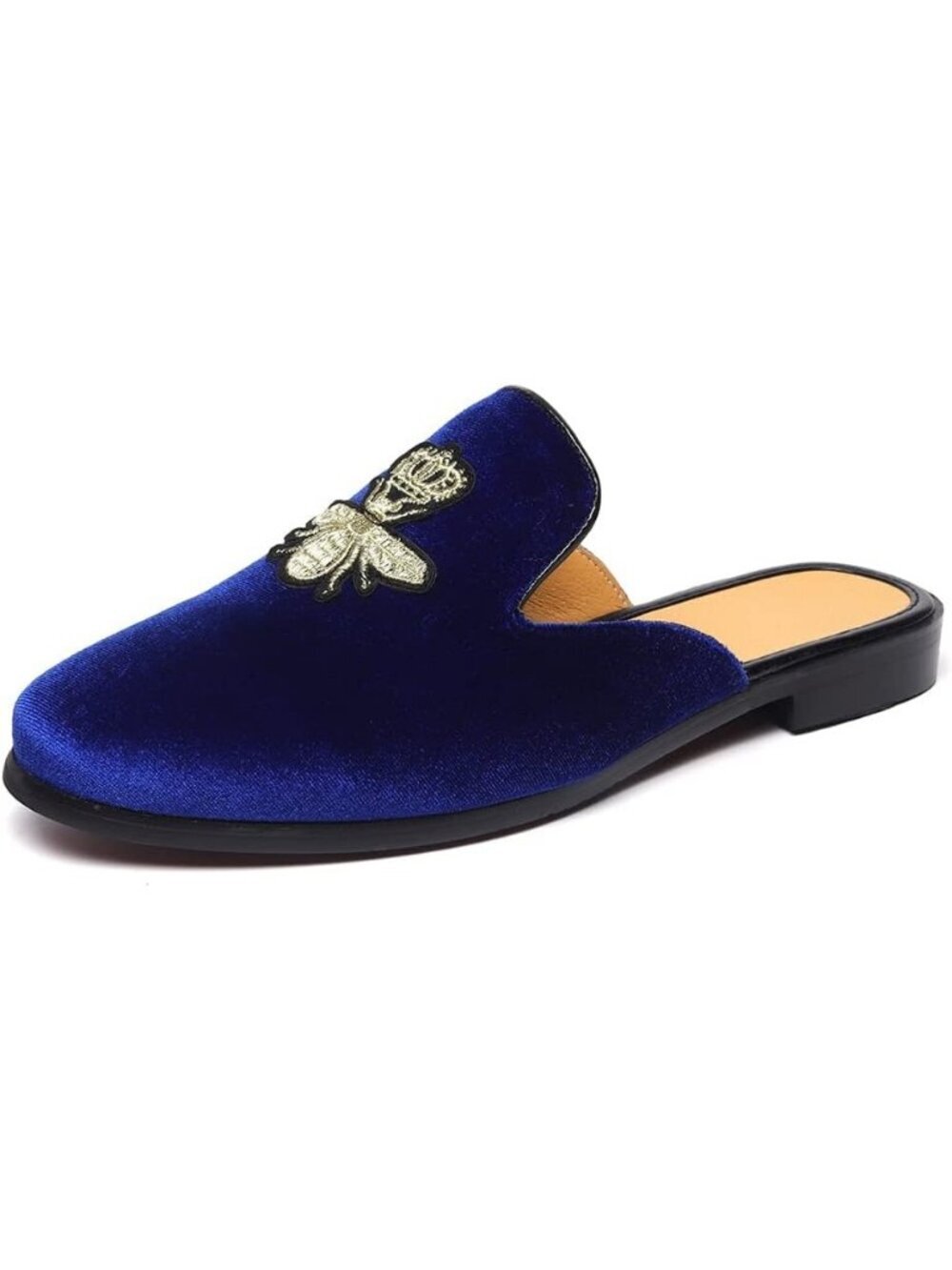 Men's Blue Rubber Sole Velvet Leather Crown Embroidery Slip On Loafer Slippers